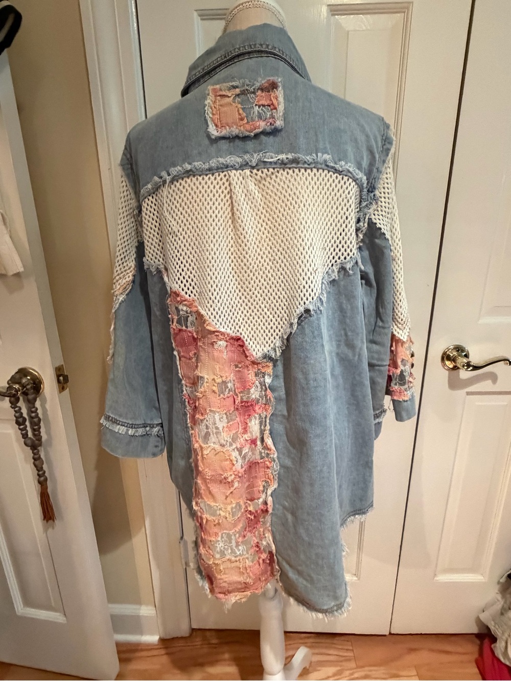POL Light Blue Denim Jacket with White Mesh & Pink Patch Accents. Size L. NWT - Picture 2 of 6